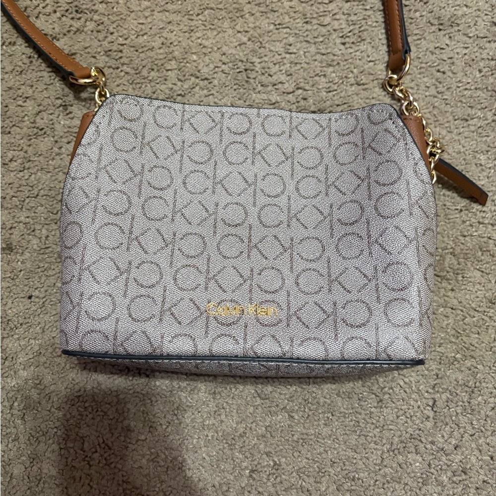Calvin Klein Monogram Crossbody Bag in Gray and Brown
